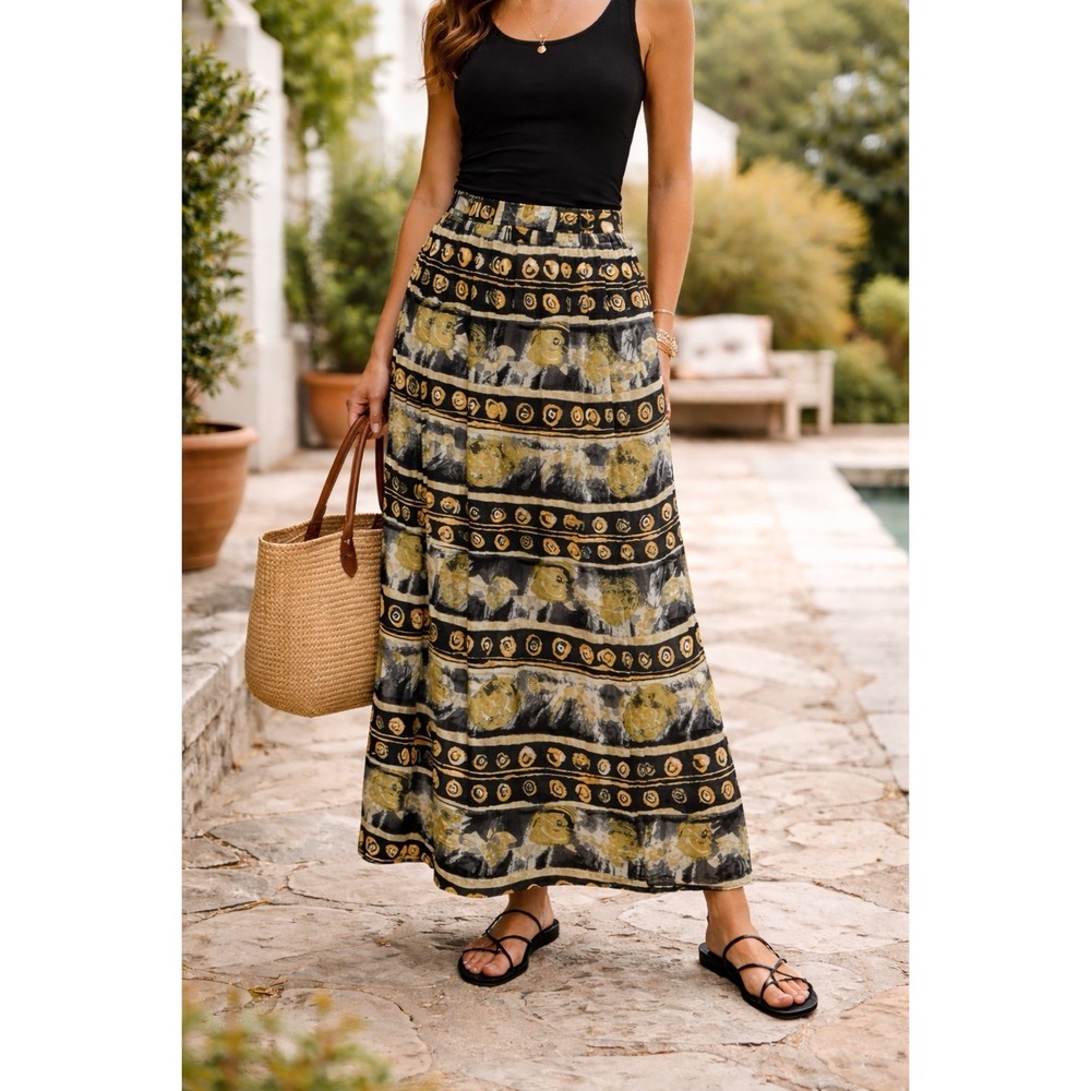 Options Melrose Maxi Skirt‎ Women M Silk Pleated Abstract 90s Boho Artwear Artsy